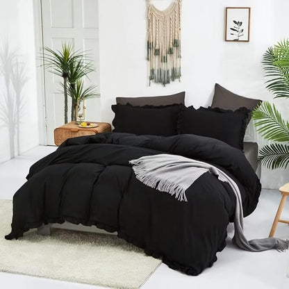 CLOTHKNOW Black Ruffles Twin/Twin XL Comforter Set 3Pcs Farmhouse Bedding Comforter Sets Shabby Chic Boho Comforter with 2 x Pillow Cases