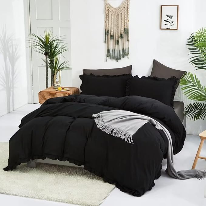 CLOTHKNOW Black Ruffles California King Comforter Set Farmhouse Bedding Comforter Sets Boho Comforter Shabby Chic Comforter with 2 x Pillow Cases
