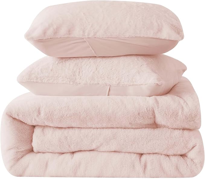 BEDELITE Faux Fur Fleece King Comforter Set - Fluffy & Warm Pink Comforter King Size，Ultra Soft and Cozy Winter Bedding Set,Fuzzy Thick Bed Set,1 Comforter and 2 Pillowcases