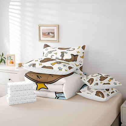 Erosebridal Cowboy Hat Men Comforter Set 7 Piece Bed in a Bag Twin,Cowboy Boots Bedding Sets Hunting Western Decor Sheet Set with Comforter