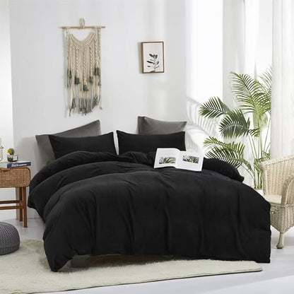 CLOTHKNOW Black Velvet California King Comforter Set Fluffy Bedding Comforter Sets Soft Flannel Comforters Black Comforter with 2 x Pillow Cases