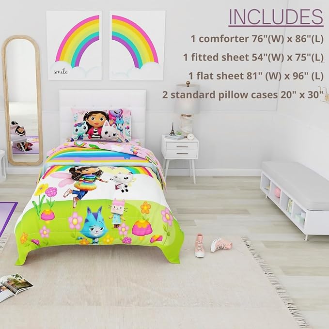 DreamWorks Gabby's Dollhouse Cakey, Mercat and Pandy Kids Bedding Super Soft Comforter and Sheet Set, 5 Piece Full Size, (Official Licensed Product) by Franco
