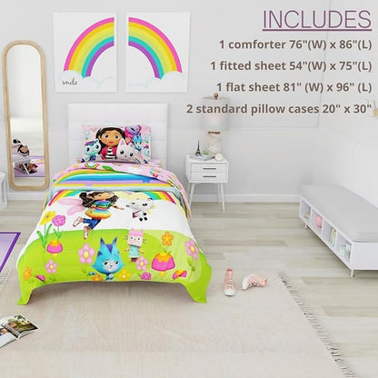 DreamWorks Gabby's Dollhouse Cakey, Mercat and Pandy Kids Bedding Super Soft Comforter and Sheet Set, 5 Piece Full Size, (Official Licensed Product) by Franco
