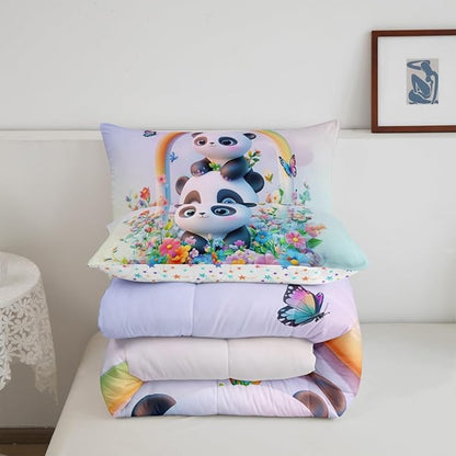 Manfei Cute Panda Bedding Comforter Sets Full,Watercolor 3D Panda Bear Black White Bedding Set for Bedroom Decoration,Flowers Leaves Deamy Butterfly with 1 Comforter and 2 Pillow Cases Bedroom Decor