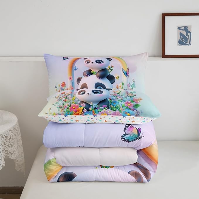 Cute Panda Bedding Comforter Sets Toddler,Watercolor 3D Panda Bear Black White Bedding Set for Bedroom Decoration,Flowers Leaves Deamy Butterfly with 1 Comforter and 1 Pillow Case Bedroom Decor