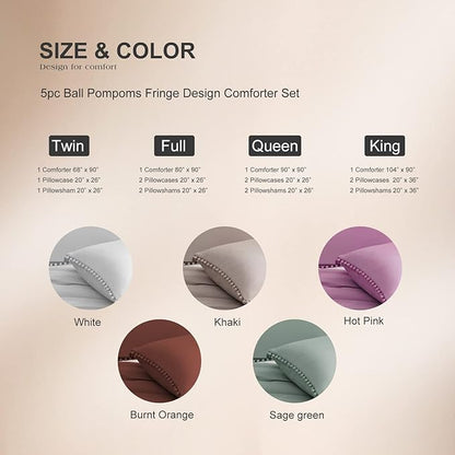 MUKKA King Comforter Set 5-Piece Comforter Set King Size Khaki, Boho Pom Pom Fringe Comforter Set King Size Tan, Bedding Comforter Set Taupe with 2 Pillowcases,2 Pillowshams