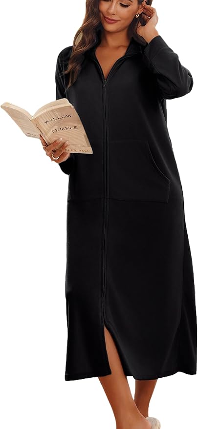 Ekouaer Women Zipper Robe Long Sleeves House Coat Soft Bathrobe Sleepwear with Pockets Housecoat Loungewear