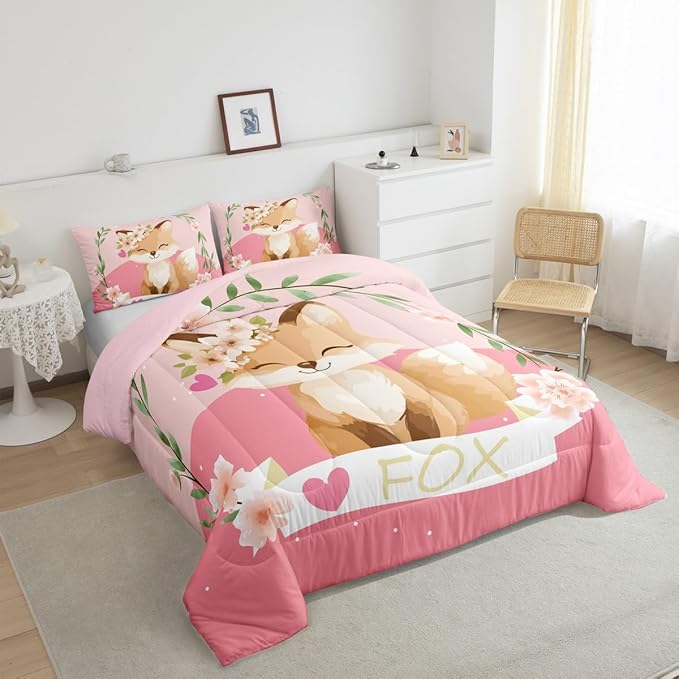 Feelyou Girls Cartoon Fox Comforter Set Cute Fox Bedding Set for Kids Boys Girls Kawaii Animal Duvet Set Botanical Floral Comforter 1 Comforter Set with 2 Pillowcases Queen Size