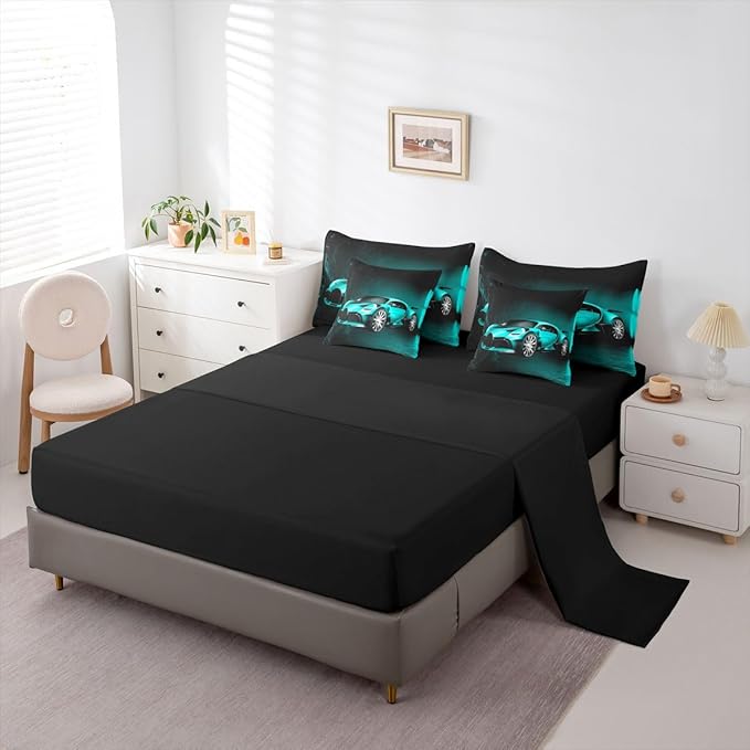 Feelyou Sports Car 7 Piece Bedding Set Teal Blue Race Car Comforter Set with Sheets for Kids Boys Girls Extreme Sports Theme Bed in a Bag Cool Speed Car Decor Bed Set with 2 Pillowcases Queen Size