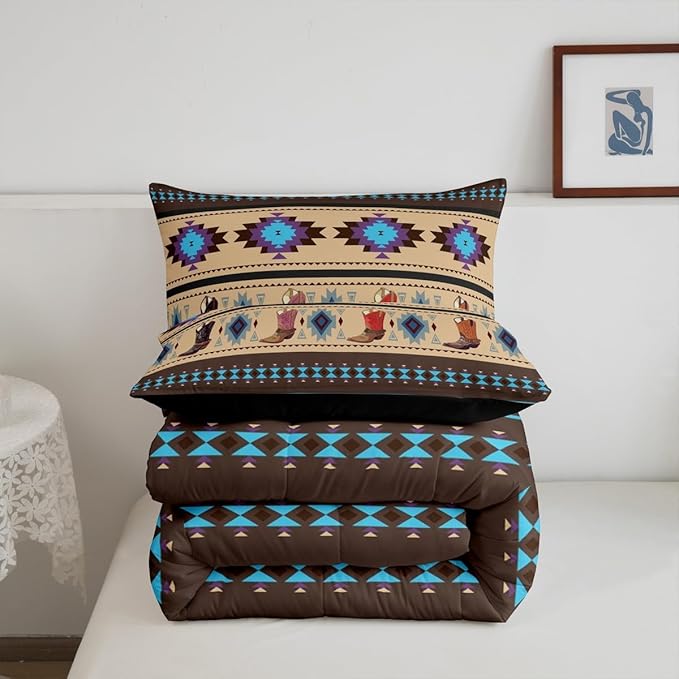 Feelyou Brown Western Decor Bedding Set Southwestern Comforter Set Room Decor Cowboy Shoes Wild Western Cowboy Geometric Tribal Comforter Toddler Size Rodeo Cowboy Style Duvet Set 2Pcs