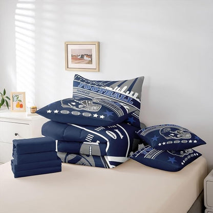 Feelyou Football 7 Pieces Comforter Sets King Size Kids Rugby Sports Bedding Set for All Season Football City Bed in a Bag with Comforter, Sheets, Pillowcases & Cushion Cover