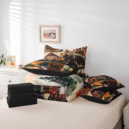 Erosebridal Rustic Lodge 7 Piece Comforter Set Queen Size Bear Deer Fox Cabin Bedding Set for Kids Teens Adult | Country Woodland Animals Duvet Insert Vintage Barn Pine Trees Brown Black Sheets