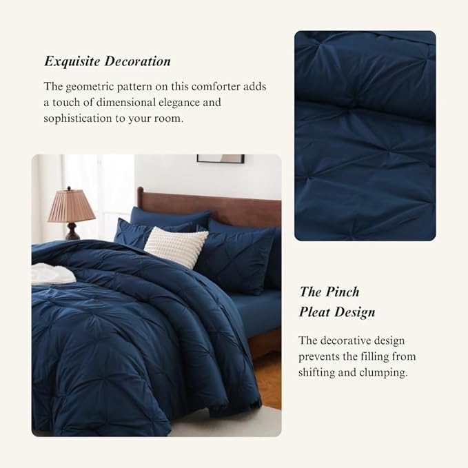 Sheet&Joy Queen Comforter Set, 7-Piece Bed in a Bag, Pintuck Bedding Sets for All Season, Includes Comforter, Flat Sheet, Fitted Sheet, Pillowcases and Pillowshams, Navy Blue
