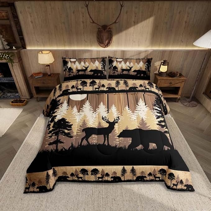 Feelyou Rustic Bear Deer Comforter Set King Size, Wildlife Hunting Theme Quilt Set with 2 Pillowcases, Wild Animal Bedding Set 3Pcs for Kids Boys Teens Room Decor, Wooden Board Duvet Insert