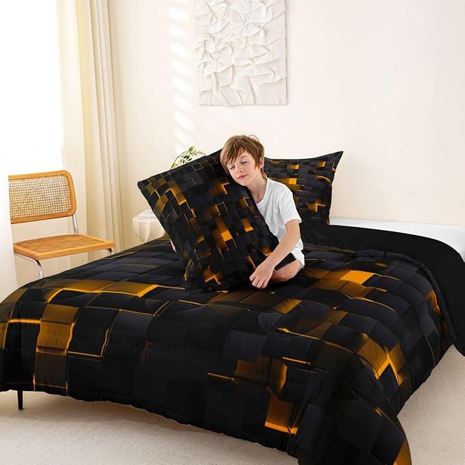 Erosebridal Black and Orange Comforter Set King Neon Geometric Checkered Bedding Set for Kids Boys Adults Men,Stereoscopic Grid Plaid Comforter Glowing Square Bed Duvet Set 3 Pcs