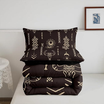 Feelyou Kids Western Decor Comforter Set Southwestern Bedding Set Full Size Bedroom Decor Longhorn Skull Sun Moon Wild Western Cowboy Geometric Comforter Brown Duvet Set with 2 Pillow Case