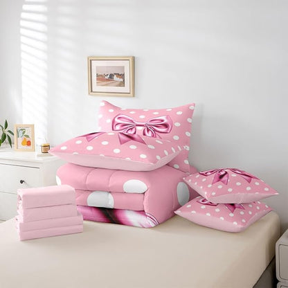 Feelyou Pink Bowknot 7 Piece Bedding Set Polka Point Comforter Set with Sheets for Kids Boys Girls Cute Bow Bed in a Bag Princess Theme Bed Set Soft Lightweight