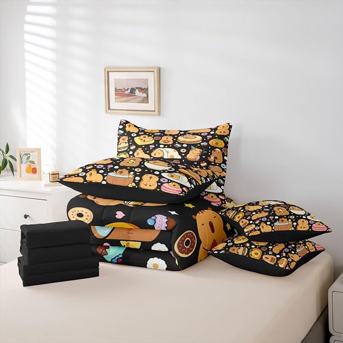 Funny Capybaras 7 Pieces Bedding Set Queen Size,Capybara Lover Bed in a Bag,Cute Rodent Animal Bed Set Includes Comforter,Sheet Set,Pillowcases & Pillow Covers,Kawaii Animals Yummy Foods Bedroom Decor
