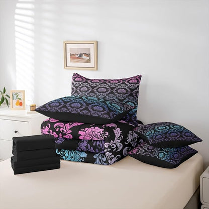 Erosebridal Gradient Rainbow Damask Bed in a Bag Queen Comforter Set 7-Piece | Antique Decor Gothic Vintage Floral Bedding Sets Goth Victorian Comforter and Sheet Set, Luxury Bohemian Room Decor