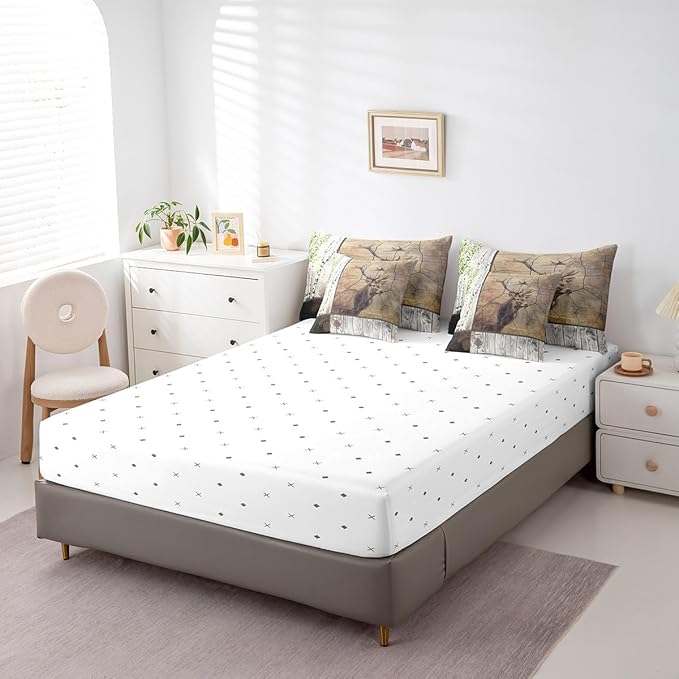 Elk Deer Bed in a Bag King Size Comforter Set 7 Pieces,Xmas Moose Reindeer Bedding Sets Birch Trees Sheet Set with Comforter