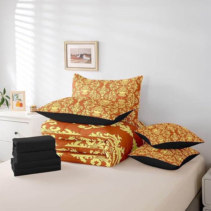 Erosebridal Gothic Skull Comforter Set 7 Piece Bed in a Bag Twin,Yellow Orange Damask Bohemian Vintage Flowers Bedding Set,Goth Skeleton Sheet Set,Exotic Boho Floral Crown Victorian Antique Decor