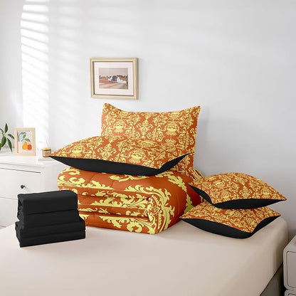 Gothic Skull Bed in a Bag King Size Comforter Set 7 Pieces,Yellow Orange Damask Bohemian Vintage Flowers Bedding Set,Goth Skeleton Sheet Set,Exotic Boho Floral Crown Victorian Antique Decor
