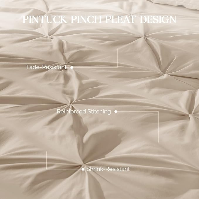 Andency Khaki Pinch Pleat Comforter Queen(90x90Inch), 3 Pieces(1 Pintuck Comforter and 2 Pillowcases) Pintuck Comforter Set, Microfiber All Season Down Alternative Bedding Set