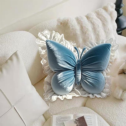 Butterfly Throw Pillow, Butterfly Shaped Decorative Pillow for Sofa Couch Bed, Plush Velvet Lumbar Support Cushion for Office Chair & Car Seat (Blue)