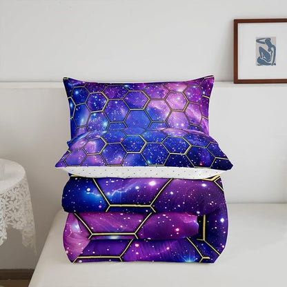 Manfei Blue Galaxy Comforter Set Twin Size, Geometric Hexagon Print Bedding Set 2pcs, Purple Starry Sky Honeycomb Down Comforter for All Season, Kids Boys Girls Room Decor, 1 Pillowcase