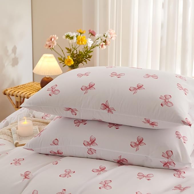 White Twin Comforter Set - Pink Bow Quilt Bedding Set 2 Pieces, Comforter Set Twin Size, Soft & Lightweight Comforter(68‘’ x 90‘’) for Girl All Season & 1 Pillowcase(30‘’x20‘’)