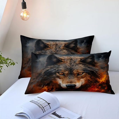 Wolf Comforter Set Twin Size, Black Red Fire Bedding Set for Kids, Western Wild Animal Print Bedroom Decor, 68''x 86''