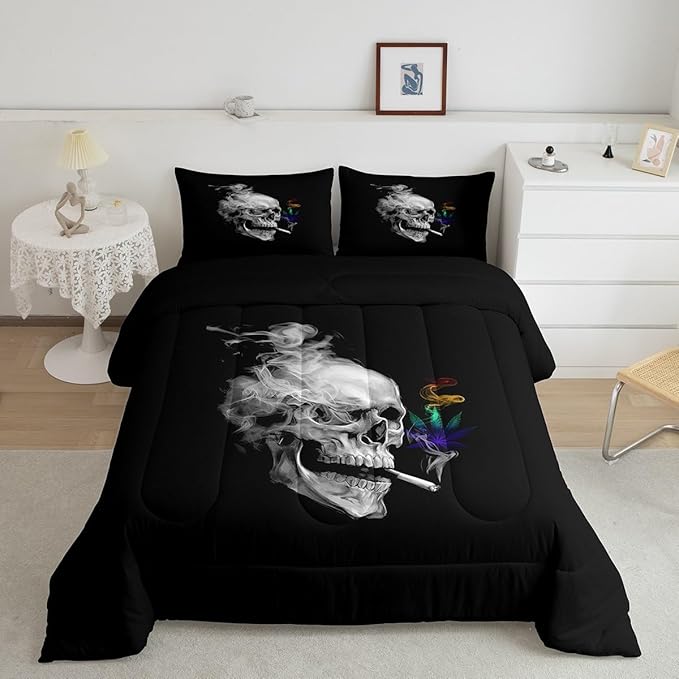 Erosebridal Gothic Skull Bedding Toddler, Leaves Comforter Set for Kids Boys Girls,Smoky Skeleton Down Comforter, Plant Tropical Botanical Bedding Comforter Sets for Bedroom Decor