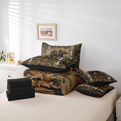 Erosebridal Cabin Queen Comforter Set with Sheets | Wild Bear Grizzly 7-Piece Bedding Set Mens Camouflage Bed in a Bag, Woodland Hunting Animals Bed Sets,Camo Rustic Farmhouse Decor Camo Bed Set
