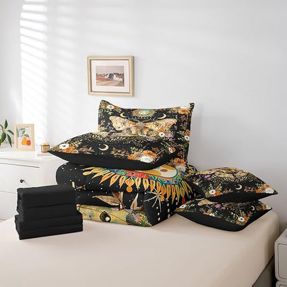 Feelyou Death Moth Print Bedding Set with Comforter, Boho Moth Comforter King Size 7Pcs Halloween Decorations Bed in a Bag with Comforter, Sun Moon Bohemian Flat Sheet, Fitted Sheet, Pillowcases