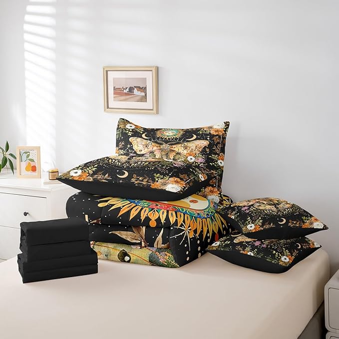 Feelyou Death Moth Print Bedding Set with Comforter, Boho Moth Comforter Queen Size 7Pcs Halloween Decorations Bed in a Bag with Comforter, Sun Moon Bohemian Flat Sheet, Fitted Sheet, Pillowcases