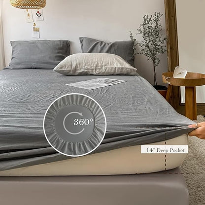 Simple&Opulence Washed Linen Bed Sheet Set Basic Style 4 Pieces (1 Flat Sheet & 1 Fitted Sheet & 2 Pillowcases) 100% Natural French Flax Soft Breathable Farmhouse Bedding (King, Ultimate Gray)