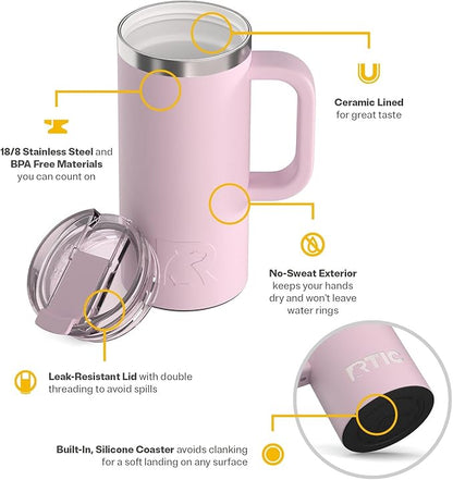 RTIC 16oz Road Trip Travel Mug with Lid and Handle, Ceramic Lined, Insulated, Stainless Steel, Metal, Double Wall Vacuum-Insulation, Portable Coffee, Tea Cup for Hot and Cold Drink, Pale Pink