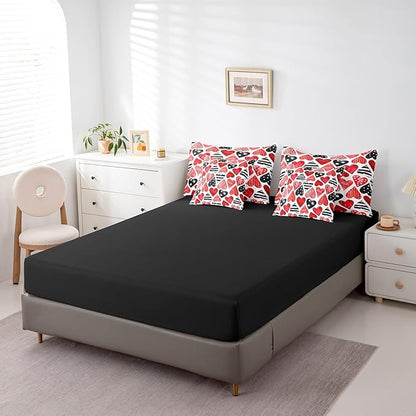Feelyou Valentine's Day 7 Piece Bedding Set Full Size Red Black Heart-Shaped Comforter Set with Sheets for Adult Polka Dot Bed in a Bag Romantic Bed Set
