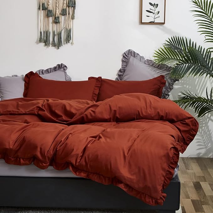 CLOTHKNOW Rust Ruffles King Size Comforter Set Burnt Orange Bedding Comforter Sets Soft Shabby Chic Comforter Vintage Rustic Comforter with 2 x Pillow Cases