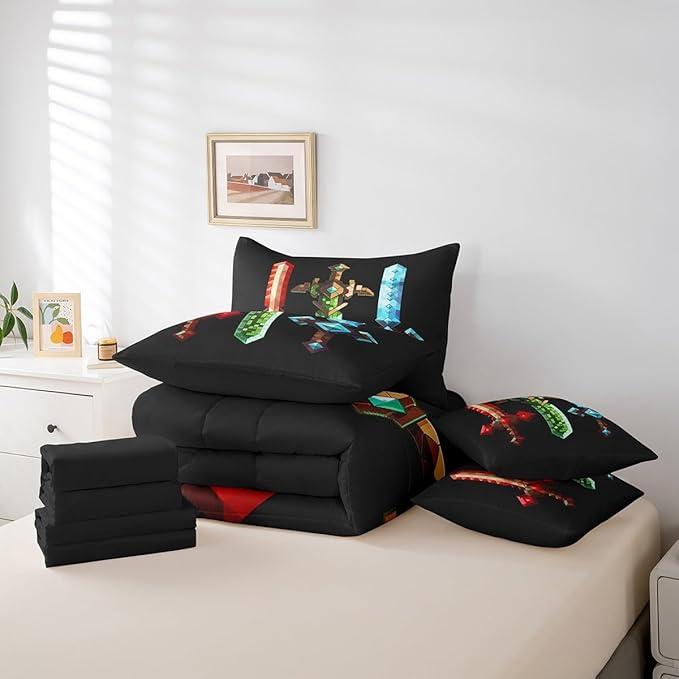 Colorful Sword 7Pcs Comforter Set Twin Size,Sandbox Building Games Bedding Sets for Kids Girls Boys Adult Room Decor,Geometric Block Fitted Flat Sheet Modern Miner Black 2 Throw Pillow,2 Pillowcases