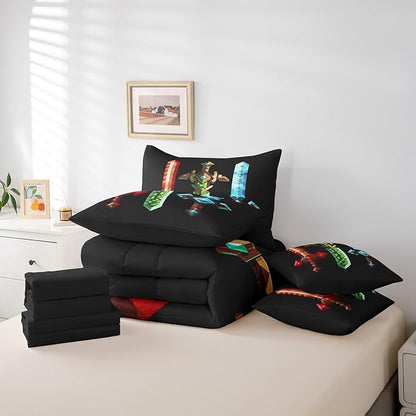 Colorful Sword 7Pcs Comforter Set Twin Size,Sandbox Building Games Bedding Sets for Kids Girls Boys Adult Room Decor,Geometric Block Fitted Flat Sheet Modern Miner Black 2 Throw Pillow,2 Pillowcases
