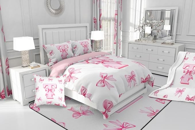 Erosebridal Kawaii Bowknot Girls Toddler Bedding Set Cute Initial Letter T Bow Bedding Comforter Sets Dreamy Princess Style Comforter Set for Kids Teen Women,Pink Chic Girly Bed Set Bedroom Decor