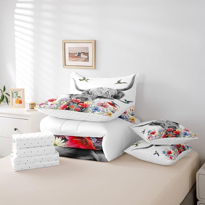 Erosebridal Highland Cow 7 Pcs Comforter Set Twin,Red Poppy Floral Bed in a Bag with Flat Sheet and Fitted Sheet,Hummingbird Western Funny Animals Cattle Farmhouse Bedding Set with Pillowcase & Sham