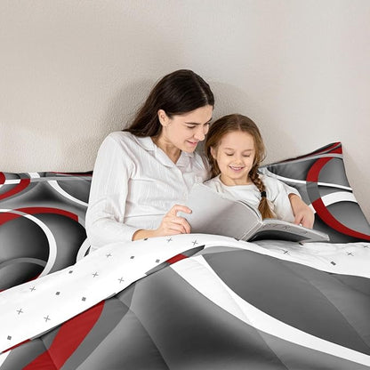 Castle Fairy Stripes Comforter Set King Size Teens Gray Black Red Swirls Room Decor Abstract Circle Bedding Set, Soft Lightweight Modern Simple Style Duvet, Retro Quilt, 1 + 2 Pillowcases