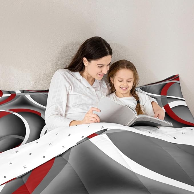 Stripes Comforter Set Queen Kids Teens Gray Black Red Swirls Room Decor Abstract Stripes Circle Bedding Set,Soft Lightweight Modern Simple Style Duvet,Youth Young Man Quilt,1 Comforter + 2 Pillowcase