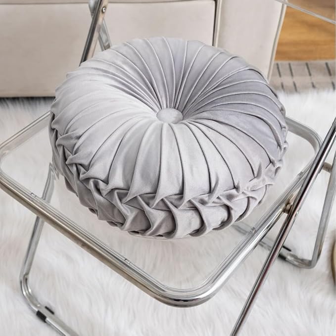 MOCOFO Round Velvet Throw Pillow, Pumpkin Shape Decorative Floor Cushion, Handcrafted Pleated Design, 14 and 16 Inch Diameter, Multiple Colors, Polyester Fill (Light Grey, 16")