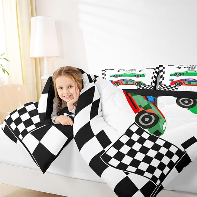 jejeloiu Boys Cartoon Racer Car Bedding Set King Size Black White Checkerboard Comforter Set for Kids Green Red Duvet Set Cute Car Quilt Set 3Pcs