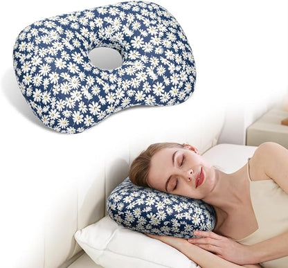 Ear Piercing Pillow for Side Sleepers, Pillow with an Ear Hole for CNH and Ear Pain Ear Inflammation Pressure Sores (Blue Flowers, 17.3"x12.6"x2")