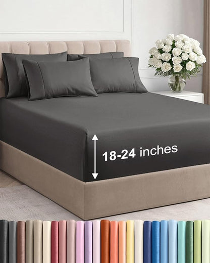 Extra Deep Cal King Sheet Set - 6 Piece Breathable and Cooling Sheets - Hotel Luxury Bedding for Women, Men, Kids & Teens - Easy & Secure Fit - Soft and Wrinkle Free - Extra Deep Pockets - Charcoal