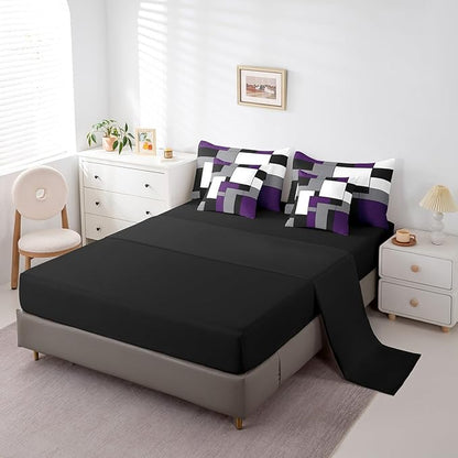 Erosebridal 7 Pcs Purple Black White Comforter Set Full Size,Geometric Bed in a Bag with Flat Sheet and Fitted Sheet for Kids and Adults,Modern Square Bedding Set with Pillowcases and Cushion Cases